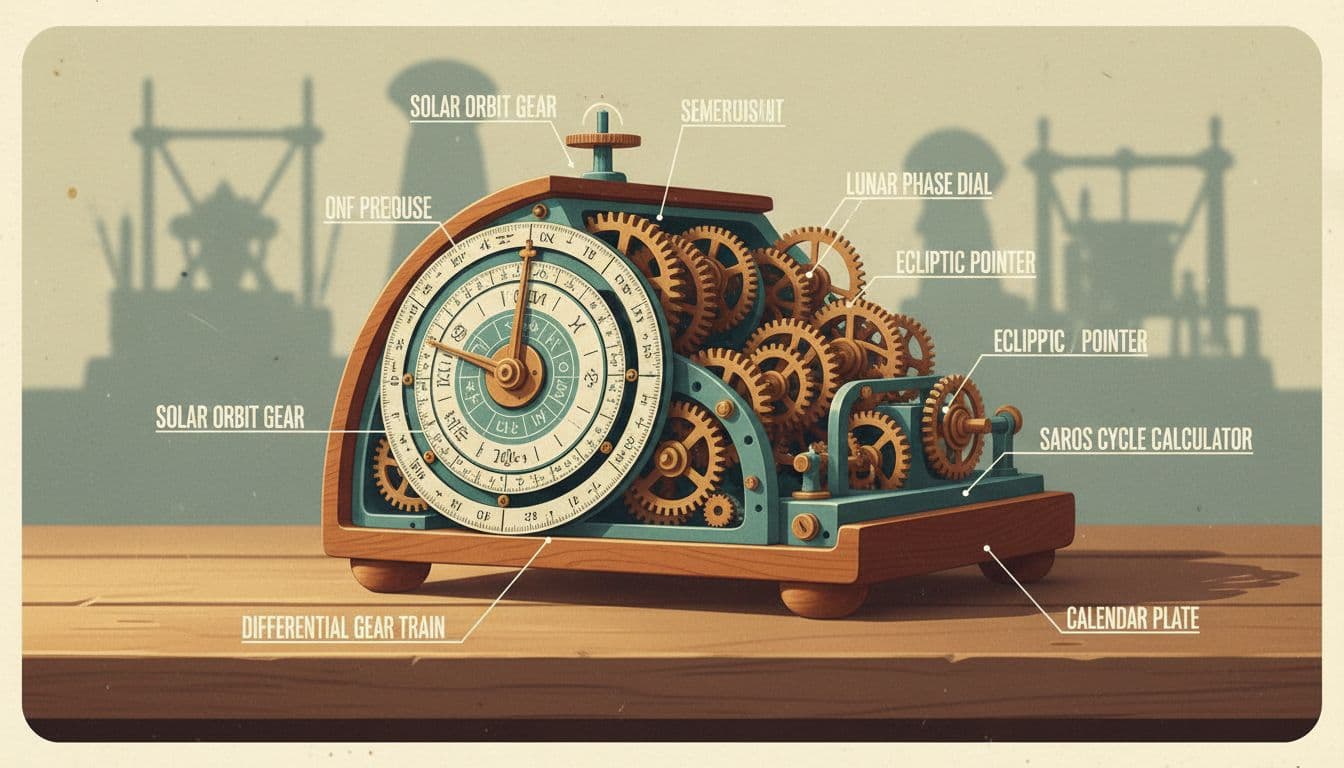 Technical illustration of the Antikythera mechanism with exposed bronze gears and labeled callouts inside a wooden case.