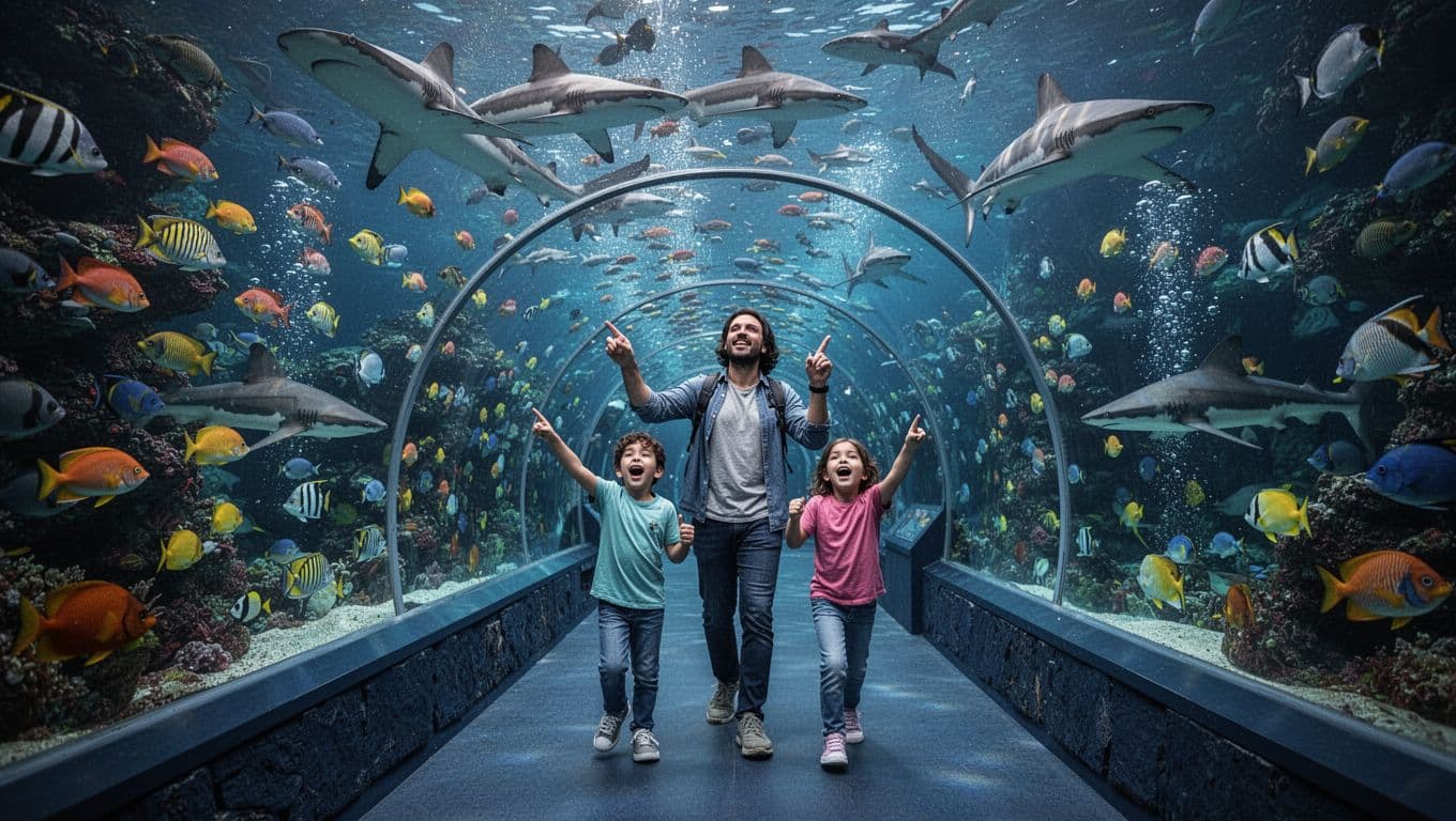 Illustration of one parent and two young kids walking through a glass shark tunnel at Aqua Vega Aquarium in Ankara. Colorful tropical fish and sharks swim overhead amid blue underwater lighting, with excited kids pointing upward and detailed bubbles.