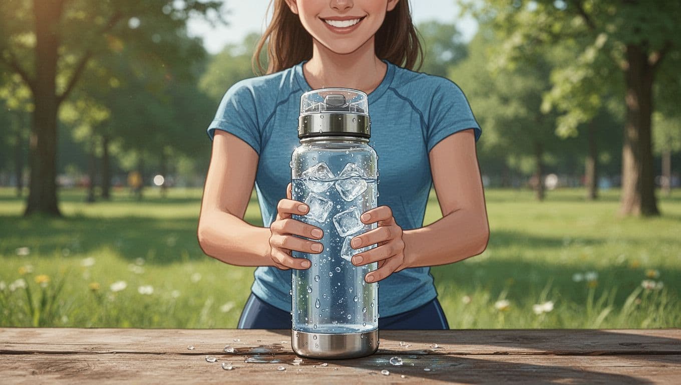 Vibrant illustration of a sleek stainless steel insulated water bottle with condensation, held relaxedly by a smiling athletic vegan person at waist level on a wooden table in a sunny park with blurred green nature background.
