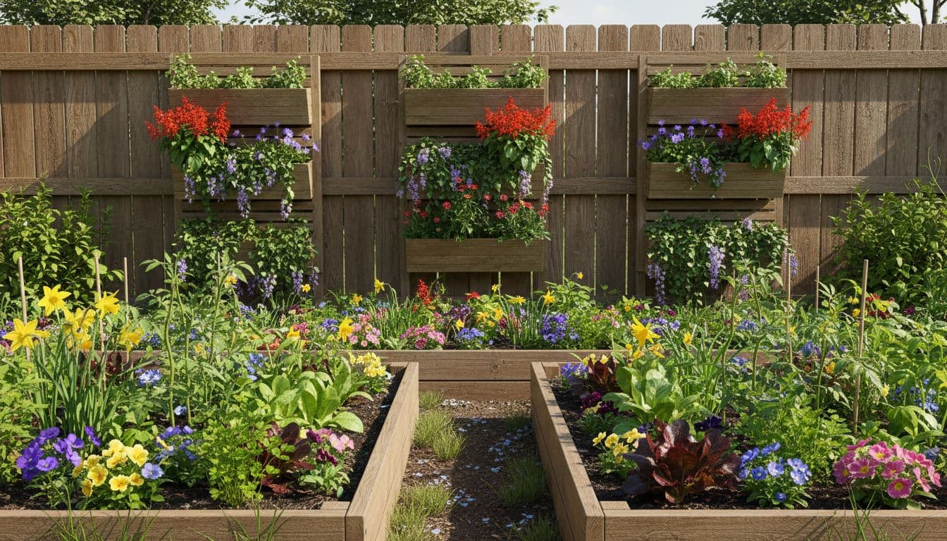 Two wooden raised garden beds filled with young green herbs, lettuce heads, tomato seedlings, and colorful spring flowers, with vertical planters on a wooden fence featuring trailing vines and pollinator blooms. Sunny morning light illuminates the vibrant greens, earth tones, and fresh soil in photorealistic style.