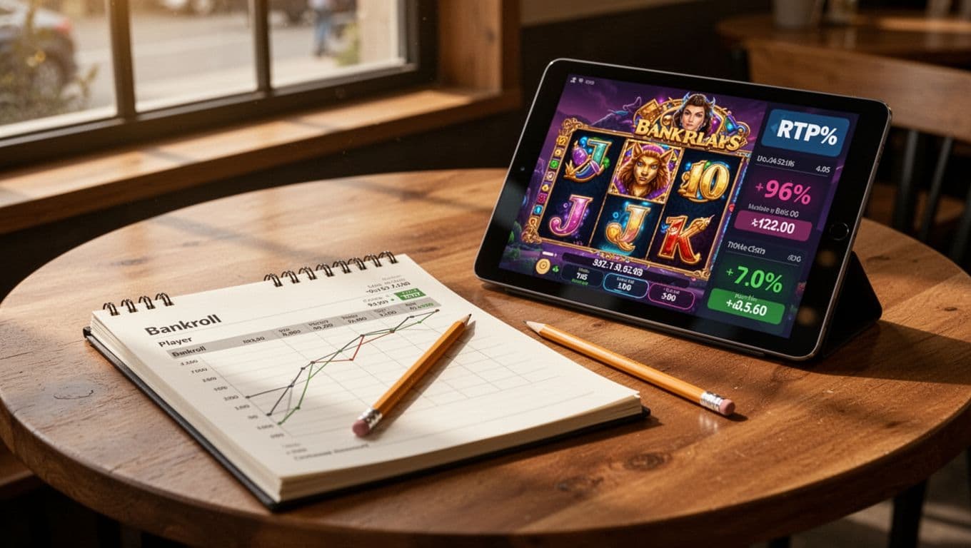 Illustration of a notebook with simple bankroll tracking chart and pencil next to a tablet displaying slot game stats like RTP percentage on a cozy cafe table with afternoon light. Focus on practical management tools with clean lines, detailed textures, and informative mood; no people or hands.