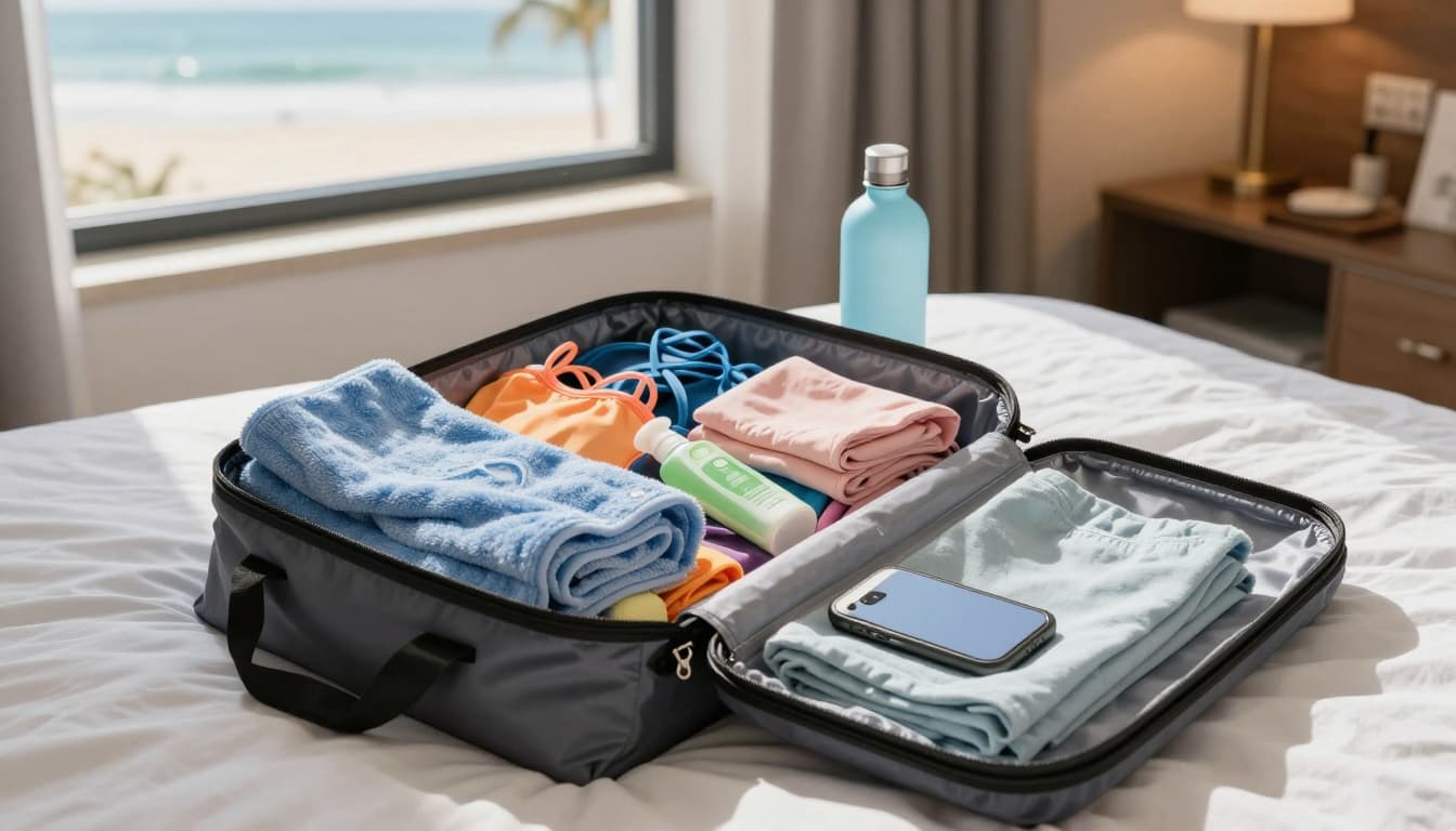 An open water-resistant beach bag on a hotel bed packed with microfiber towel, swimsuits, aloe lotion, reusable water bottle, waterproof phone case, water shoes, and neatly folded light clothing. Sunny beach view through the window with soft indoor lighting.