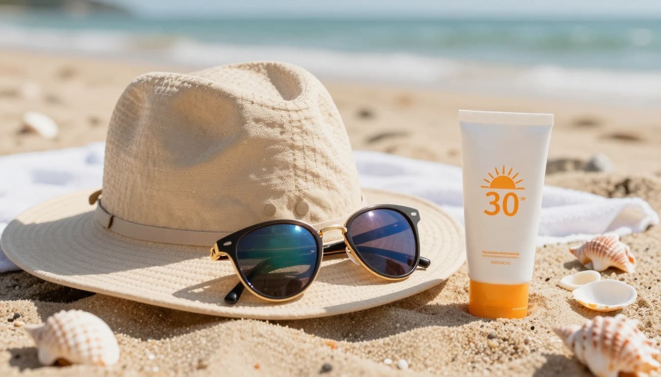 Close-up of sun protection items on a sandy beach towel: wide-brim sun hat, polarized sunglasses, and SPF 30+ sunscreen, with blurred ocean horizon and seashells.