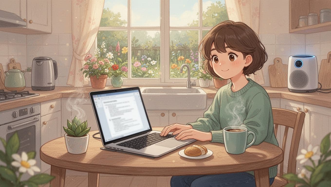 Whimsical illustration of a relaxed beginner at a sunny kitchen table with laptop open to blurred document, creating AI content for home gear affiliate post. Cozy kitchen background features steaming coffee mug, garden window view, subtle home gear like purifier, in soft pastel morning light.