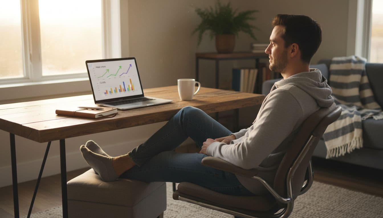 A single relaxed person seated at a wooden home desk in a sunlit living room, with a laptop open to a blurred analytics dashboard showing upward trending graphs for page views, clicks, and rankings, notebook with pen and coffee mug nearby, photorealistic style.