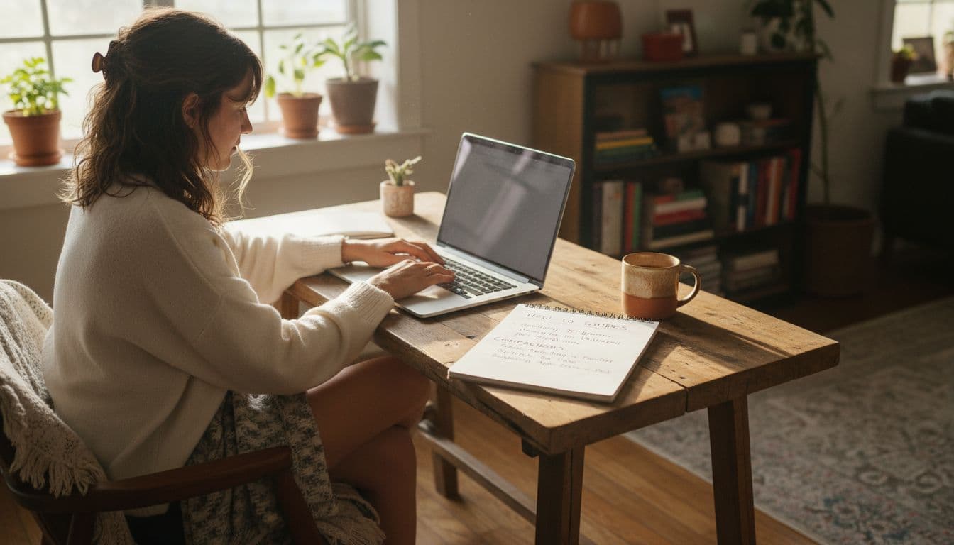 One person seated relaxed at a cozy wooden desk in a sunlit home office, typing on a laptop beside an open notebook with simple content ideas like how-to lists and comparisons, and a coffee mug nearby.