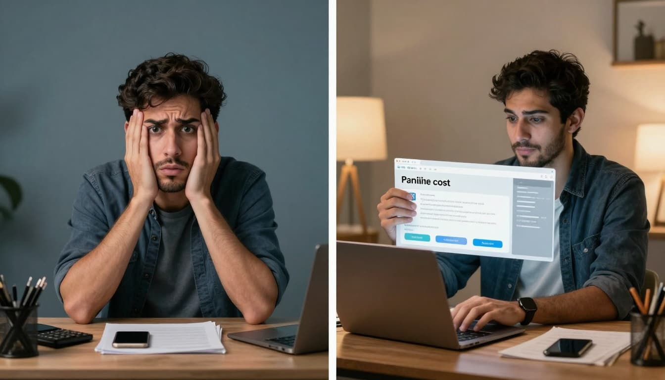 Split scene depicting a beginner marketer evolving from overwhelmed at a blank screen to confidently publishing with AI tools on an organized desk.