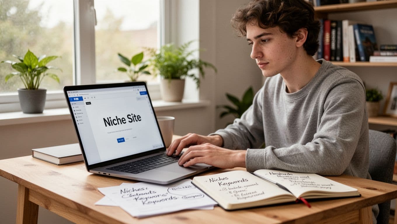 Photorealistic landscape image of a young adult beginner marketer in casual clothes sitting at a simple wooden desk in a bright home office, with an open laptop showing a basic website editor titled 'Niche Site', notebook with handwritten niche and keyword notes, natural daylight from window, plants and books in background, calm focused mood.