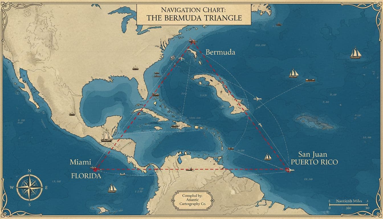 A professional nautical chart of the Bermuda Triangle area spanning Miami, Florida to Bermuda to San Juan, Puerto Rico, featuring red dashed triangle boundaries, coastlines, blue gradient ocean depths, ship and airplane route icons, and clear labels in a realistic cartographic style.