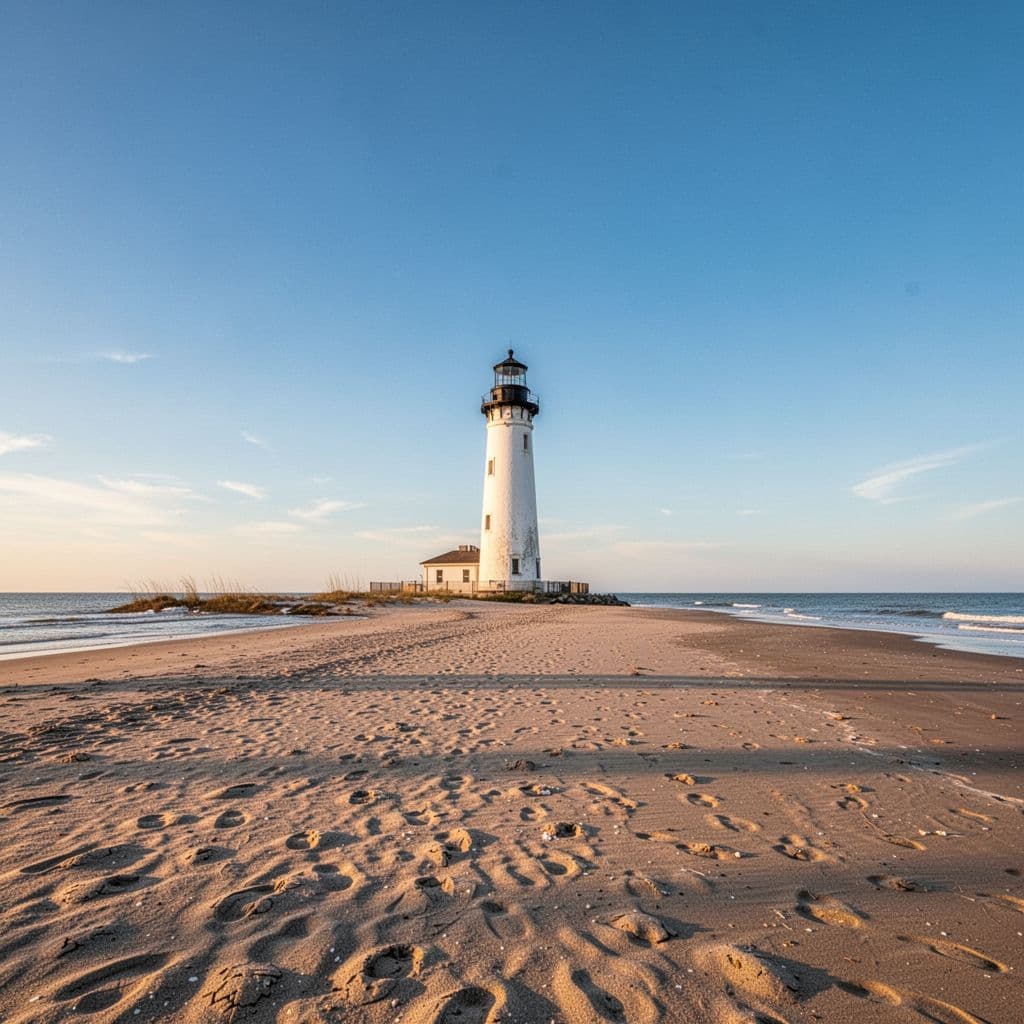 The sandy shoreline of Biloxi stretches toward the distant, iconic white lighthouse under a vast, cloudless blue sky. The calm Gulf waters gently touch the sand in this serene coastal landscape.