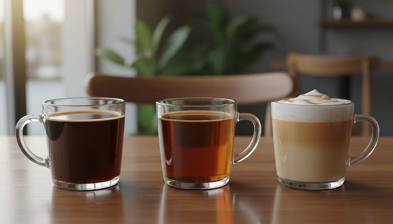 Three clear mugs side by side on cafe table hold black coffee, decaf coffee, and sweetened latte.