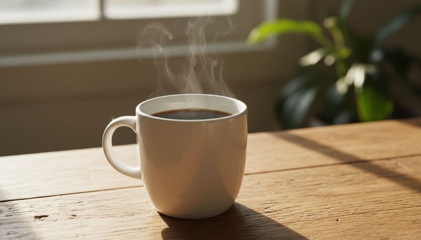 White mug of steaming black coffee on wooden table in morning light.