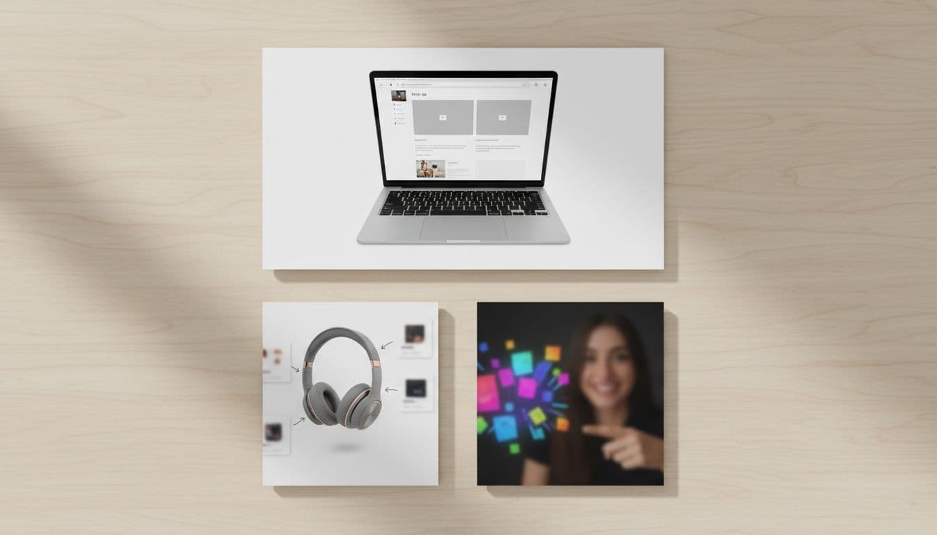 Flat lay top-down view of three custom blog graphics on a light wooden desk surface: wide landscape header with laptop, tall portrait Pinterest pin showcasing headphones, and square YouTube thumbnail with smiling person pointing at screen. Soft natural daylight in clean professional realistic photo style, no text, no people, no extra objects.