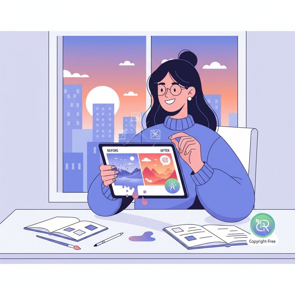 Blogger editing an AI-generated image on a tablet, turning it into an original design