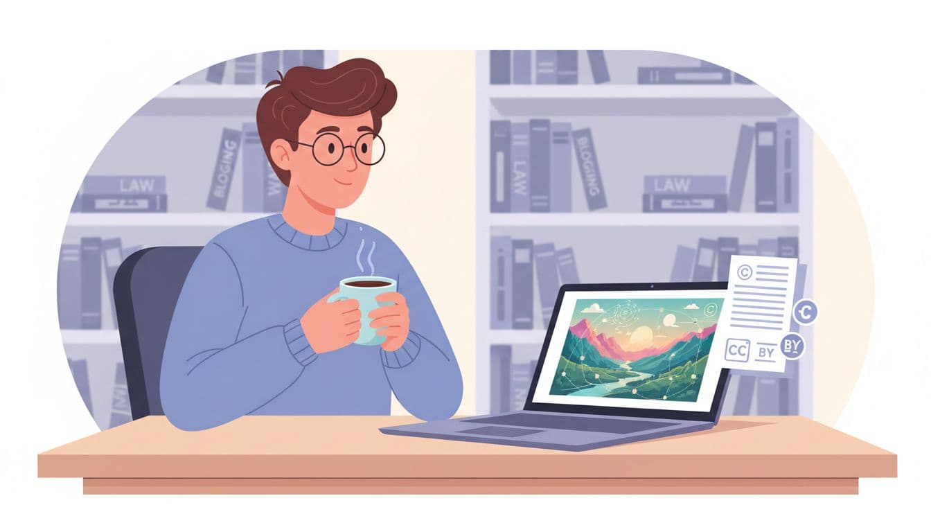 Blogger reviewing AI image copyright documents on a laptop