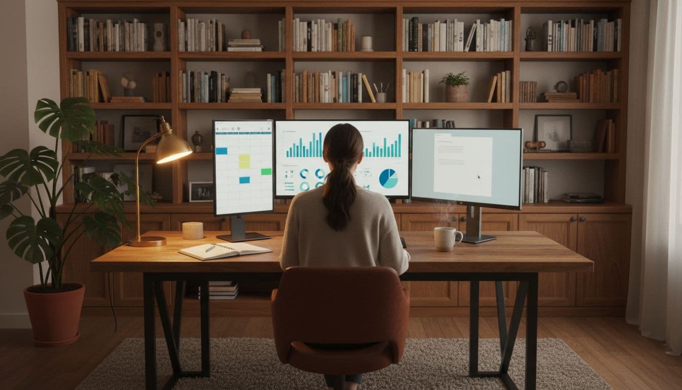 Realistic photo of a blogger at a furnished desk with multiple screens showing SEO analytics graphs and content calendar, surrounded by bookshelves, potted plant, and soft lamp lighting in a professional yet comfortable atmosphere.