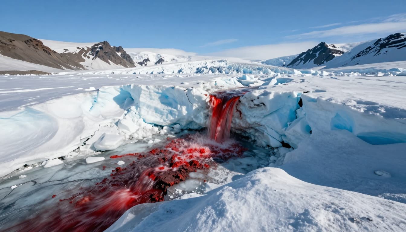 A dramatic landscape view of Blood Falls in Antarctica, where a bright red waterfall flows from the blue-white Taylor Glacier into a stark snowy valley under a clear blue sky, with foreground red stains on ice and jagged cracks.