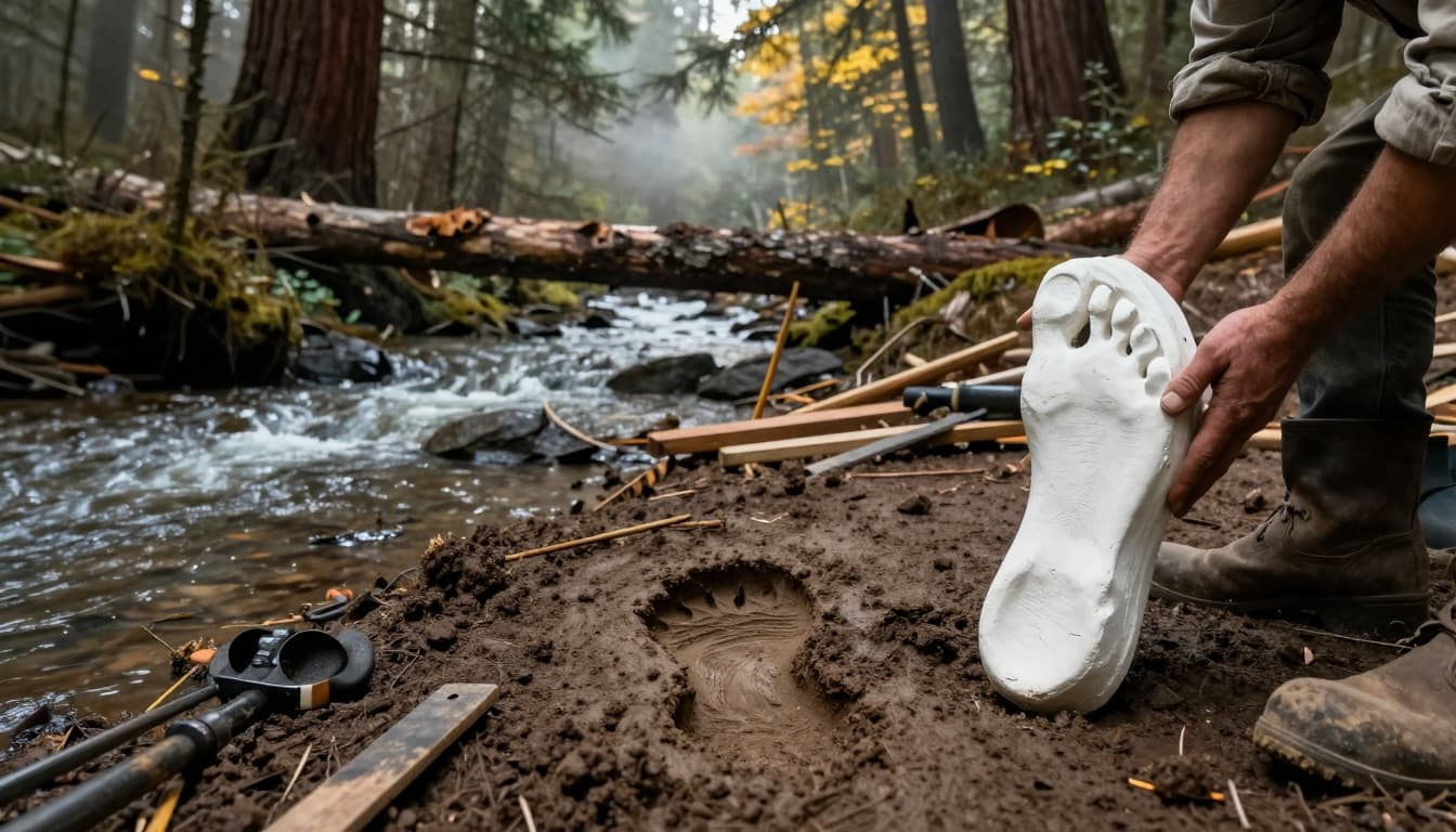 Detailed photorealistic recreation of the 1958 Bluff Creek scene showing a large human-like footprint in soft mud beside a rushing creek, with hands holding a plaster cast amid redwoods and foggy forest.