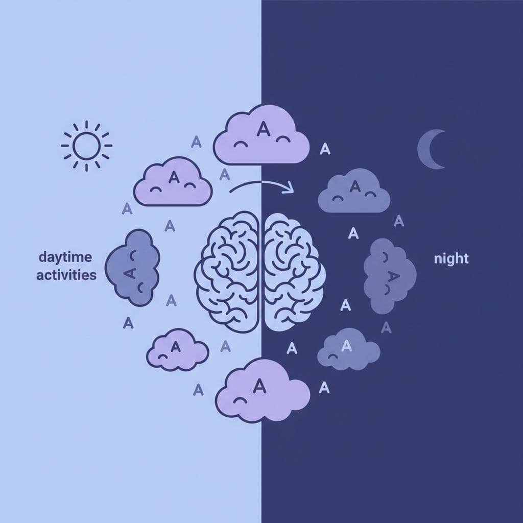 Brain icon accumulates purple sleepy clouds during day and fades at night.