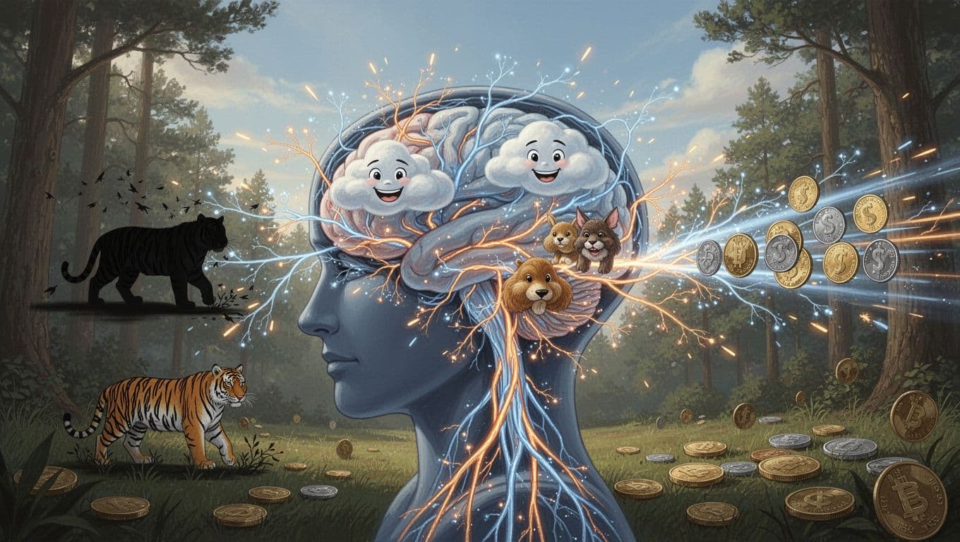 Landscape illustration of a human brain with glowing neural pathways connecting unrelated random events: bush shadow to tiger silhouette, cloud shapes to faces and animals, coin flips landing heads, in scientific artistic style with vibrant blue and orange sparks.
