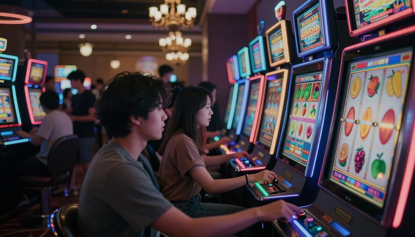 A vibrant casino floor at night filled with glowing slot machines, players pulling levers and winning jackpots amid blurred crowds and chandeliers.
