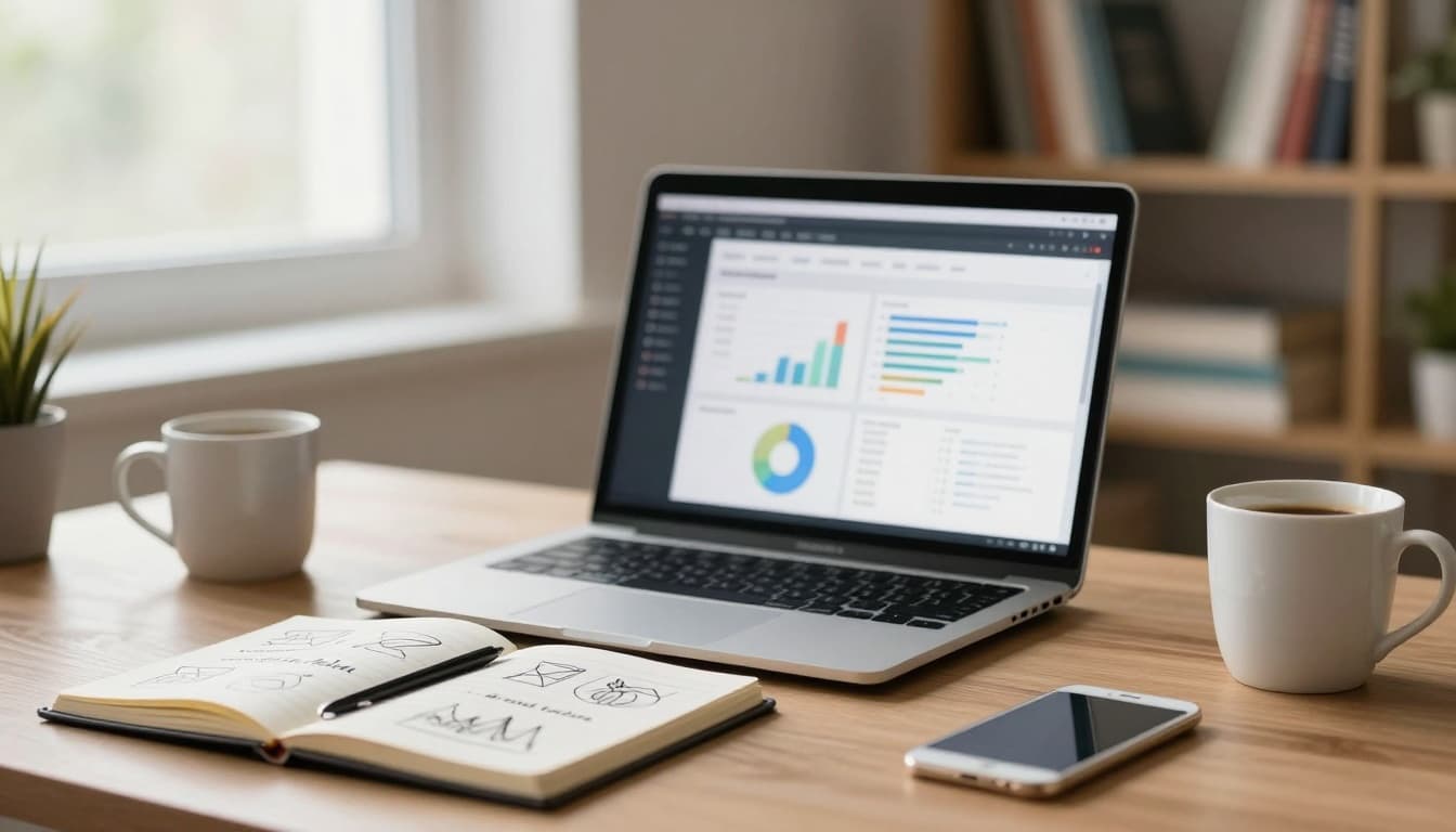 A realistic, high-detail photograph of a busy blogger's desk in a modern home office during daytime, with an open laptop showing a blurred content planning dashboard, notebook featuring handwritten niche ideas like AI tools and personal finance, coffee mug, natural window light, and softly blurred background bookshelf with marketing and finance books.