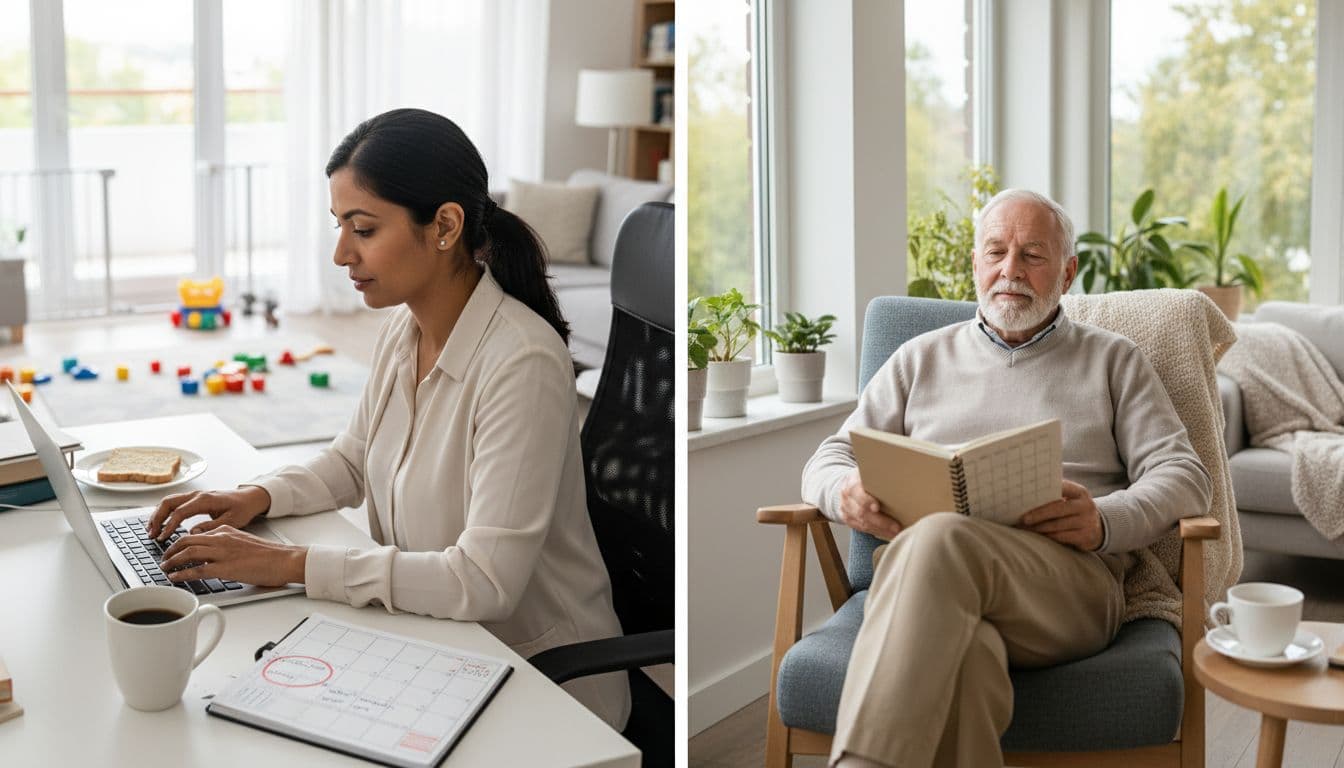 Split scene: left shows busy parent working with small planner open to 30-minute slot; right shows retiree relaxing with light schedule notebook.