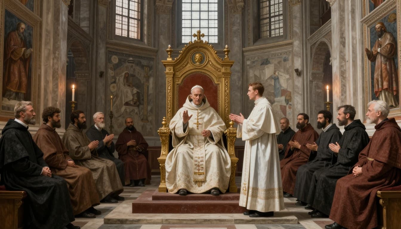 Interior of Basilica of St. John Lateran in Rome winter 897 AD shows shrouded decayed papal figure on ornate throne, young deacon gesturing beside it, Pope Stephen VI presiding sternly from dais, bishops and clergy on benches, candlelit somber atmosphere in realistic medieval fresco style.