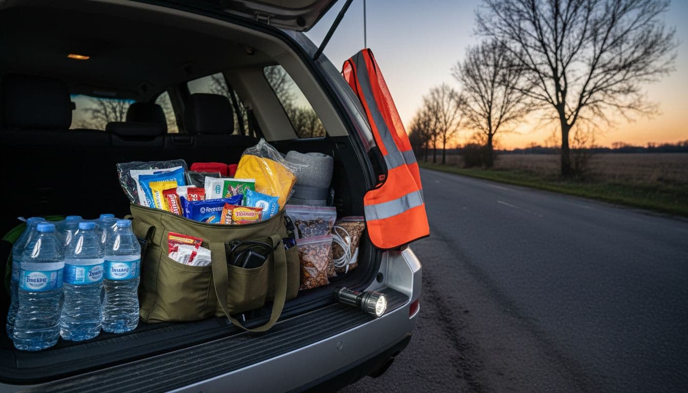 Realistic scene of a car pulled over on a quiet roadside at dusk with trunk open, displaying organized comfort items like water bottles, energy bars, blankets, gloves, poncho, power bank, snacks in a grab bag, plus reflective vest and flashlight.
