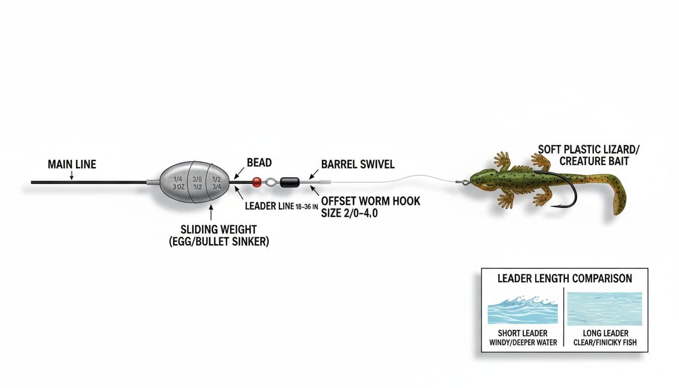 Clean, high-resolution instructional diagram of a complete Carolina rig for freshwater bass fishing, showing labeled components like bullet sinker, swivel, leader, hook, and soft plastic bait in a horizontal layout. Includes callout arrows, concise labels, and an inset comparing short vs. long leader lengths for different conditions.