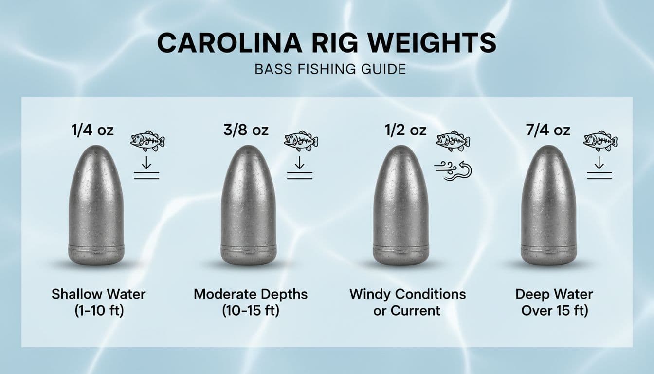 High-resolution infographic comparing four bullet sinkers for Carolina rigs in bass fishing: 1/4 oz for shallow water, 3/8 oz for moderate depths, 1/2 oz for windy conditions or current, and 3/4 oz for deep water. Features metallic textures, icons for bass, depth, and wind, on a light blue watery background with clear labels.
