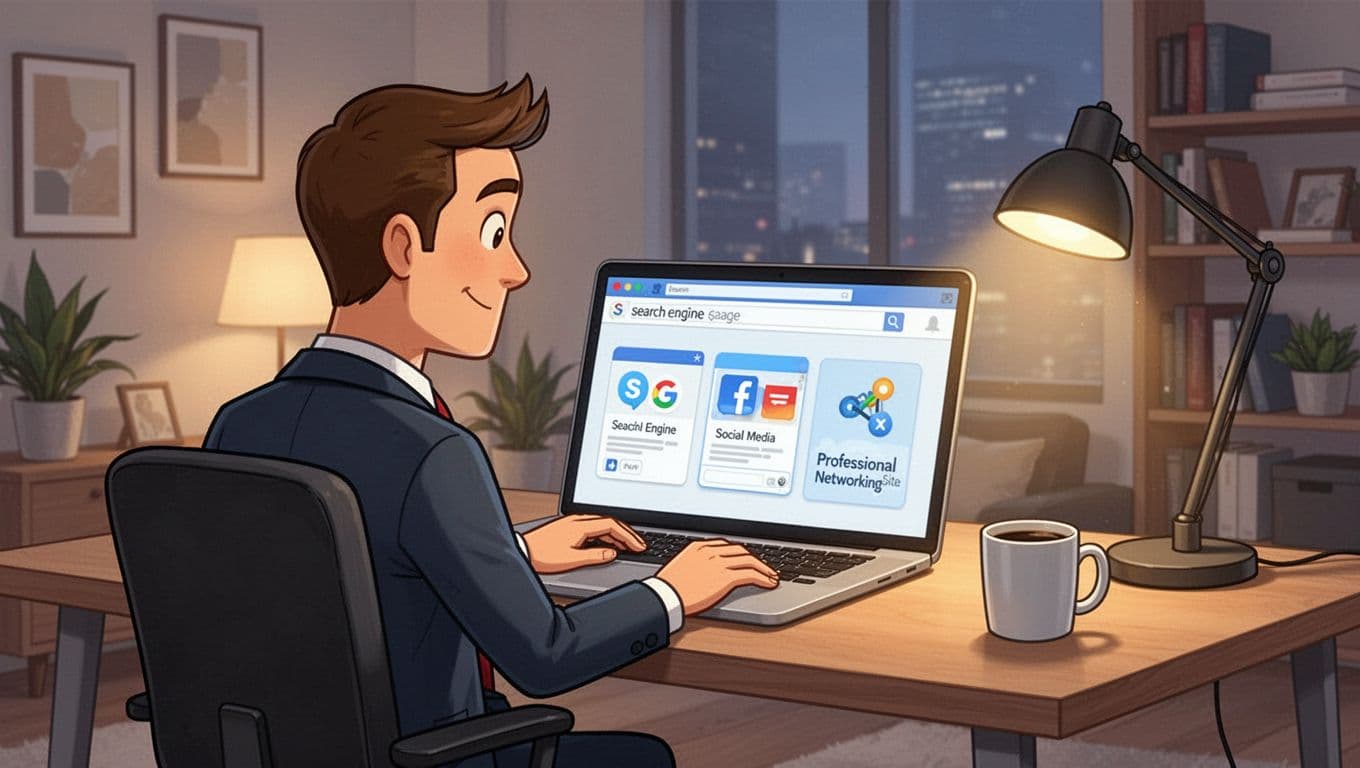 Cartoon of a business executive in a modern cozy home office at a desk, examining PPC platform options on a laptop screen showing icons for search engine results, social media feed, and professional networking site, with a coffee mug nearby.