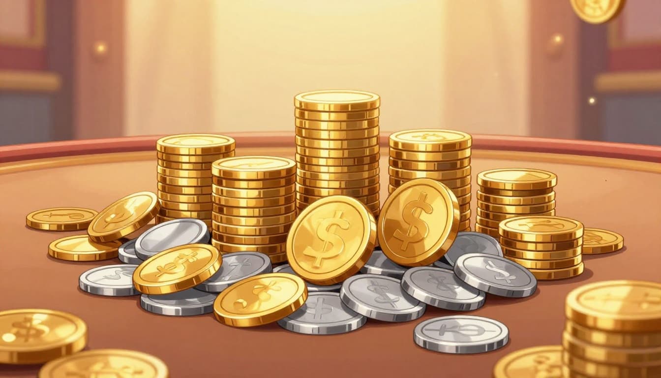 Cartoon style scene of a table stacked with shiny gold coins for fun play and sparkling silver coins for sweepstakes prizes, illuminated by soft casino lights and warm ambient lighting.