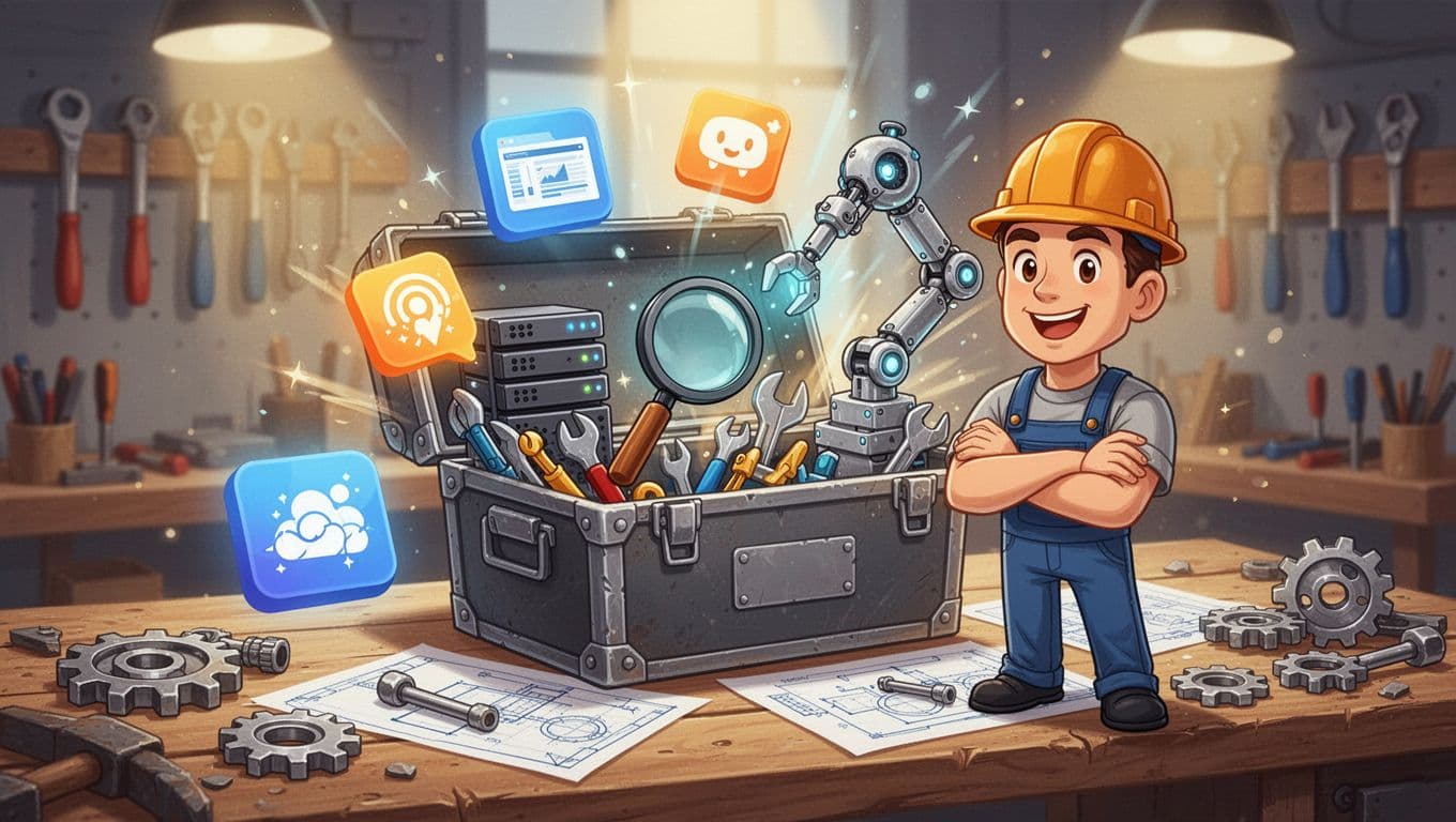 Cartoon illustration in landscape ratio showing a single worker in hardhat beside an open toolbox overflowing with icons like server, magnifying glass, and robot arm on a wooden workbench. Bright, energetic scene with gears, blueprints, and tool racks, empowering mood, no text or extra elements.