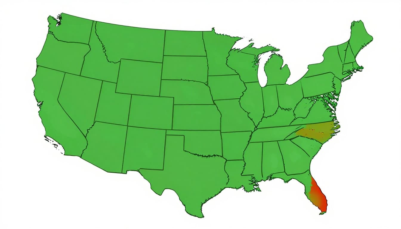 Cartoon-style illustration of the United States map with most states in green indicating sweepstakes casino availability, Washington and Idaho in red, on a clean background with simple outlines and bright cheerful lighting.