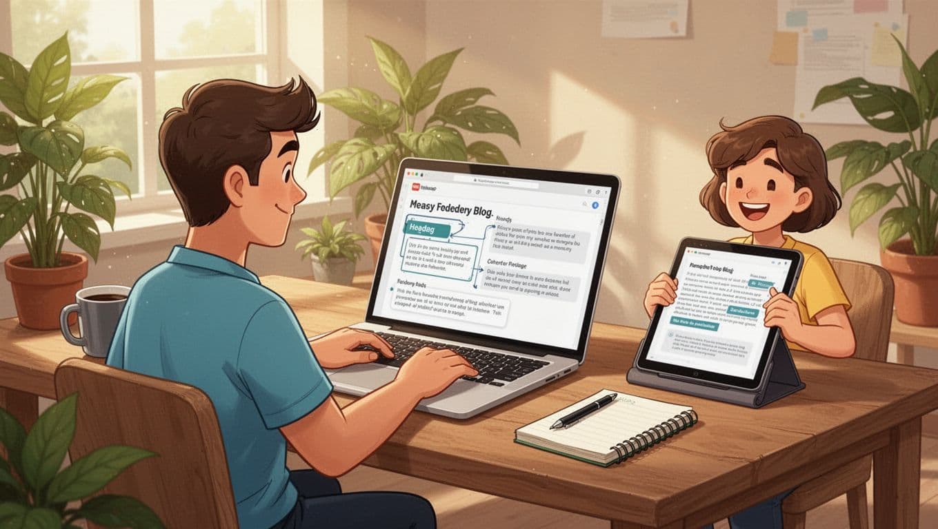 Cartoon illustration of a writer at a wooden desk in a bright sunlit room typing a structured blog post outline on a laptop, with a happy reader skimming content on a nearby tablet.