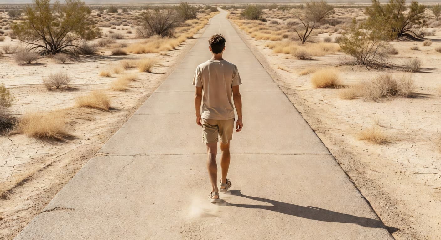 A person wearing a plain t-shirt and light shorts walks along a wide, sun-drenched paved path through an open desert landscape. Bright overhead sunlight casts clear, sharp shadows on the ground.