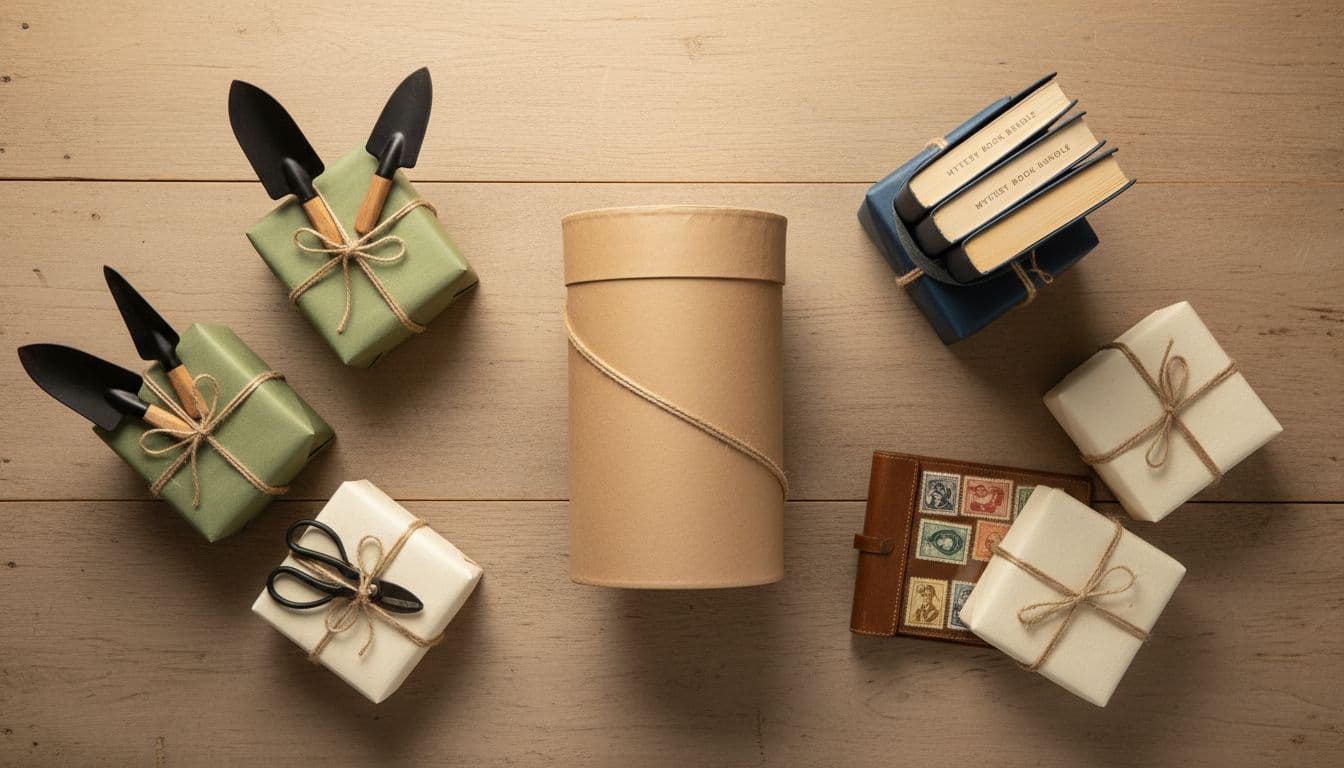 Large central tall pillar-shaped gift box wrapped in neutral paper, surrounded by exactly seven smaller gift boxes grouped by themes including gardening tools, stamp collection album, and mystery book bundle, neatly arranged on a wooden table in warm soft studio lighting with flat lay overhead composition.