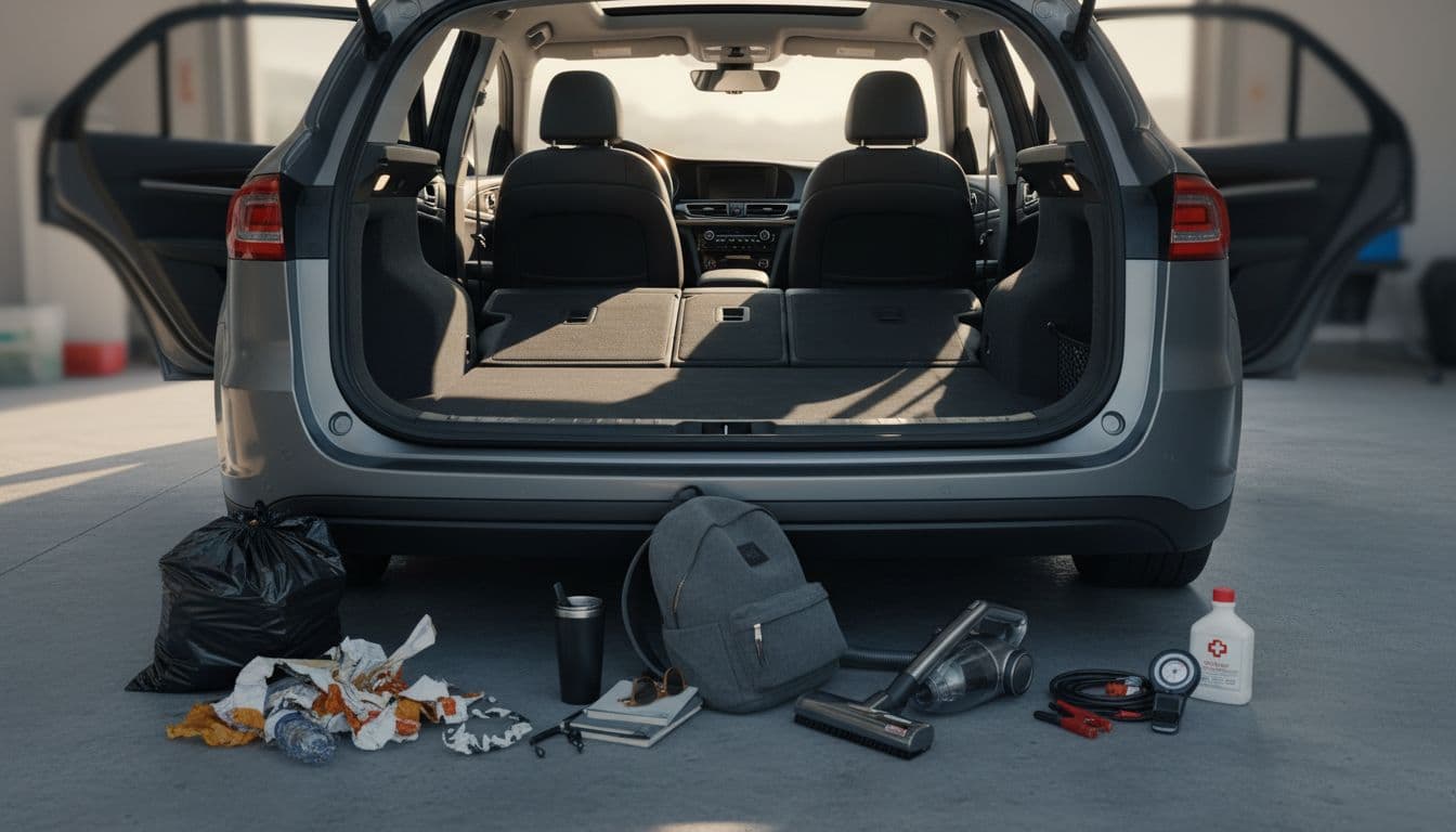 A clean, empty car interior with trunk open, seats pulled forward, vacuum nearby, and three piles of sorted items outside: trash, personal items, and car essentials. Sunlight streams through windows in a bright, tidy, realistic photo.