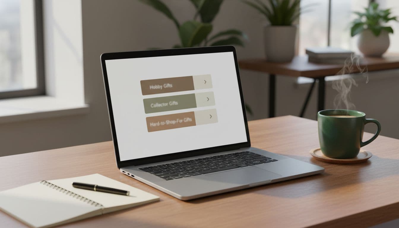 Clean laptop screen displaying simple website menu with Hobby Gifts, Collector Gifts, and Hard-to-Shop-For Gifts in a cozy home office desk setup with notebook and coffee mug under natural daylight.