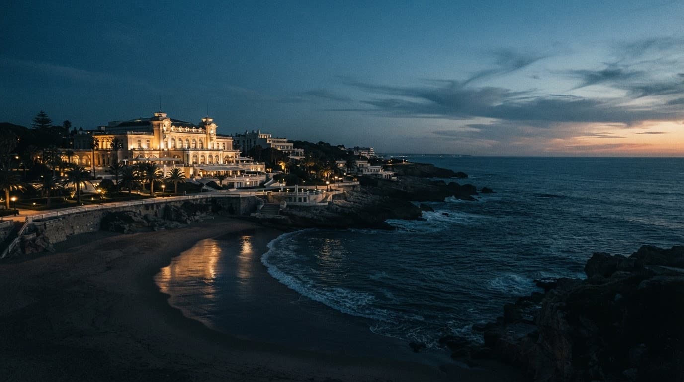 A coastal casino resort stands beside the beach at dusk beneath a deep blue sky