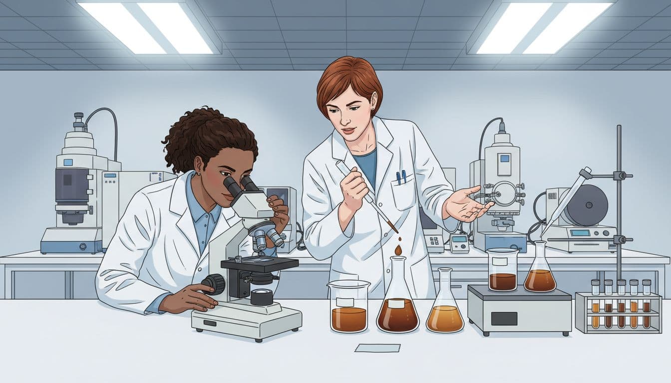 Two scientists in white coats examine coffee samples under microscope on modern lab bench with beakers of extracts.