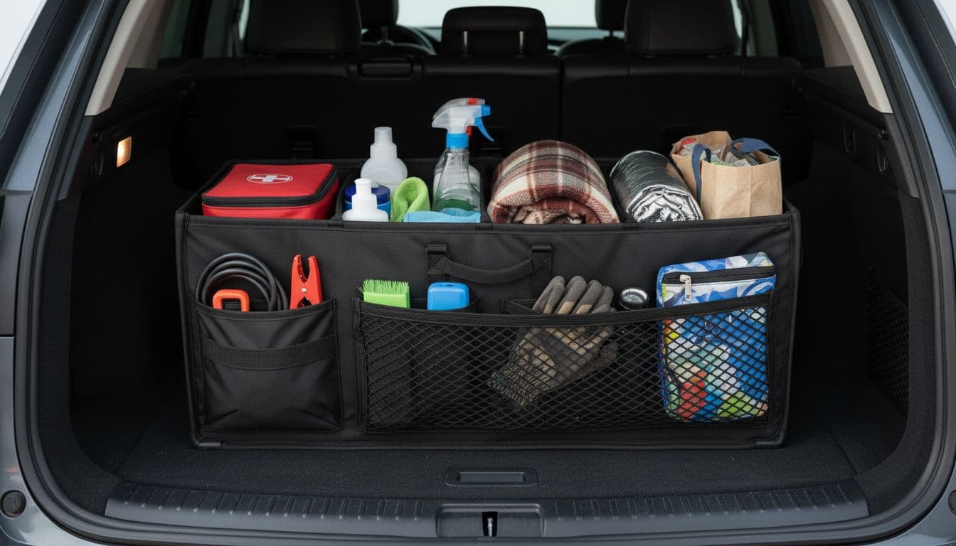 Sturdy collapsible trunk organizer in a car trunk with adjustable dividers holding emergency kit, cleaning supplies, blanket, and grocery bags. Non-slip base, secured items, side cargo net, realistic photo in garage lighting showing organized spacious compartments.