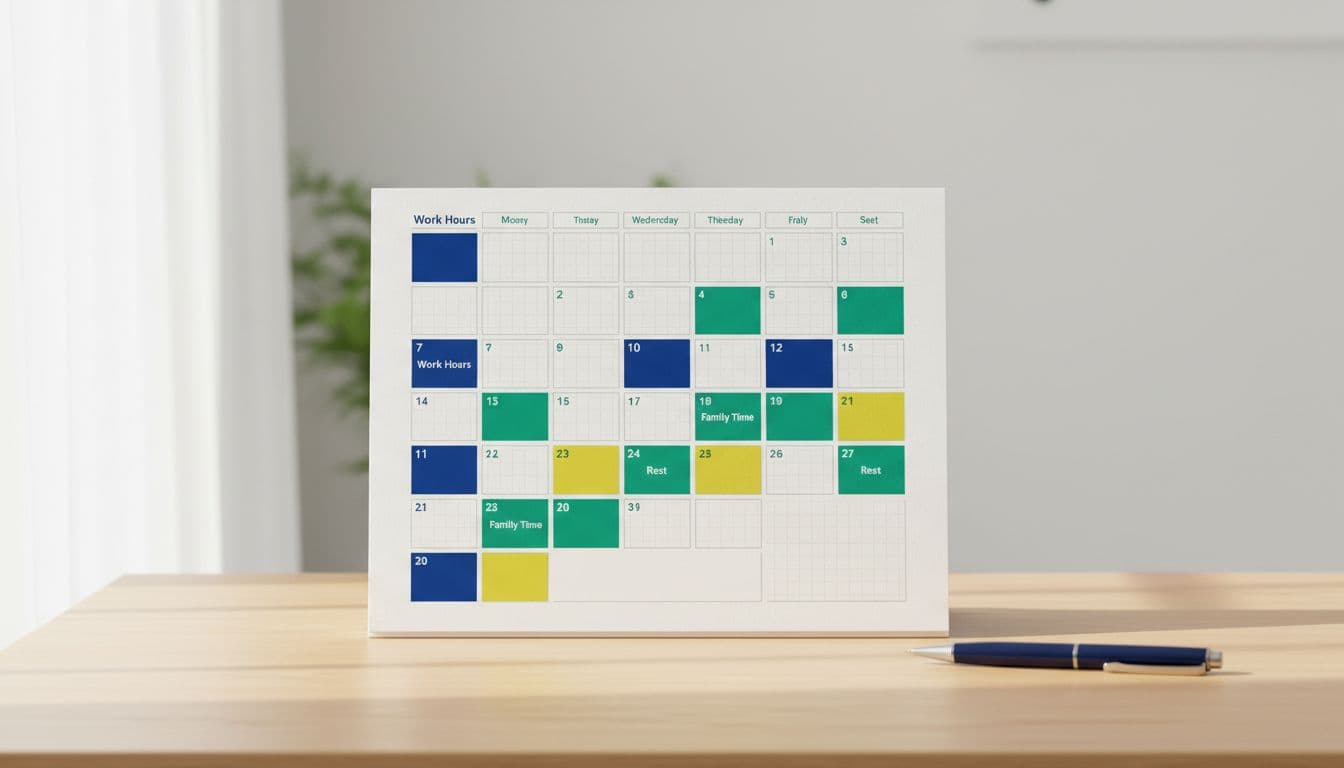 Wall calendar on desk with blue work, green family, yellow rest blocks and pen nearby.