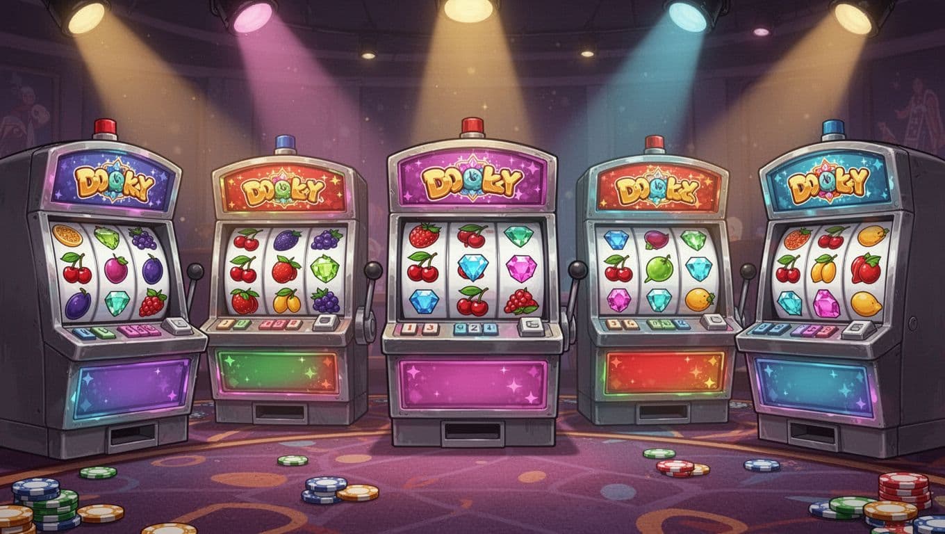 Cartoon-style array of vibrant slot machines with reels displaying classic symbols like cherries, fruits, and gems, set on a lively casino floor illuminated by dynamic spotlights.