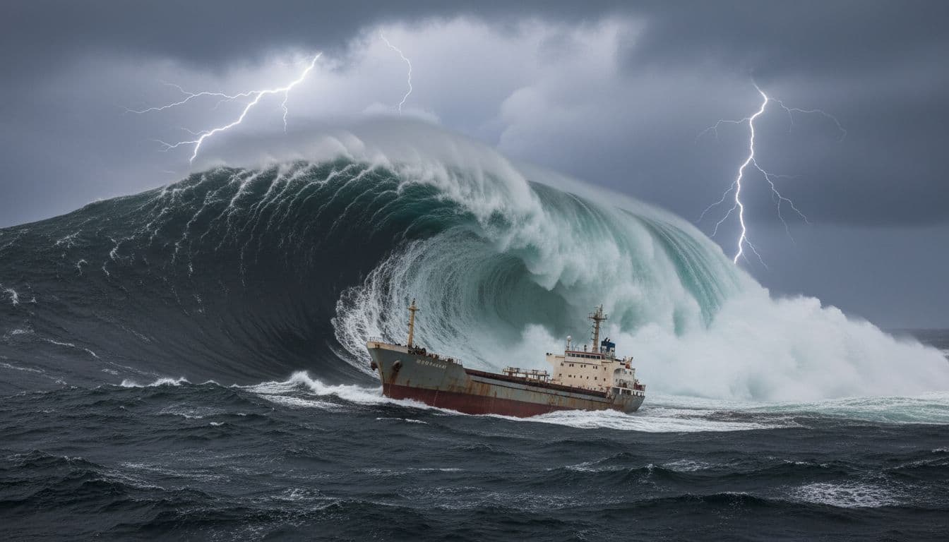 A massive rogue wave exceeding 100 feet towers in the stormy Atlantic Ocean, about to crash onto a pitching freighter ship amid foaming seas and lightning.