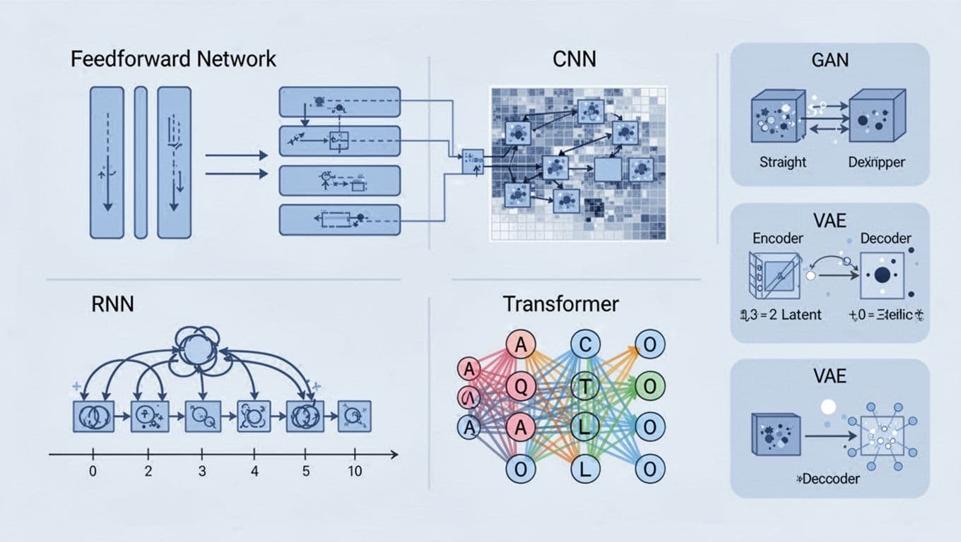 Illustration-style montage of key neural network architectures: feedforward, CNN, RNN, transformer, GAN, and VAE, arranged in a balanced wide landscape with educational blue tones and subtle connections.