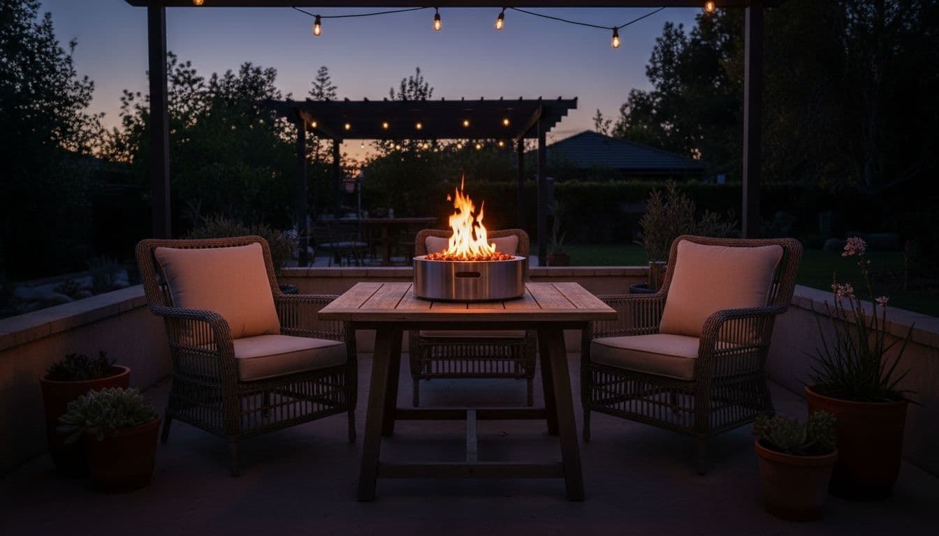 Compact tabletop fire pit burning wood pellets with small flames on a patio table, surrounded by chairs in an outdoor evening setting at dusk, cinematic style with dramatic lighting and strong contrast.
