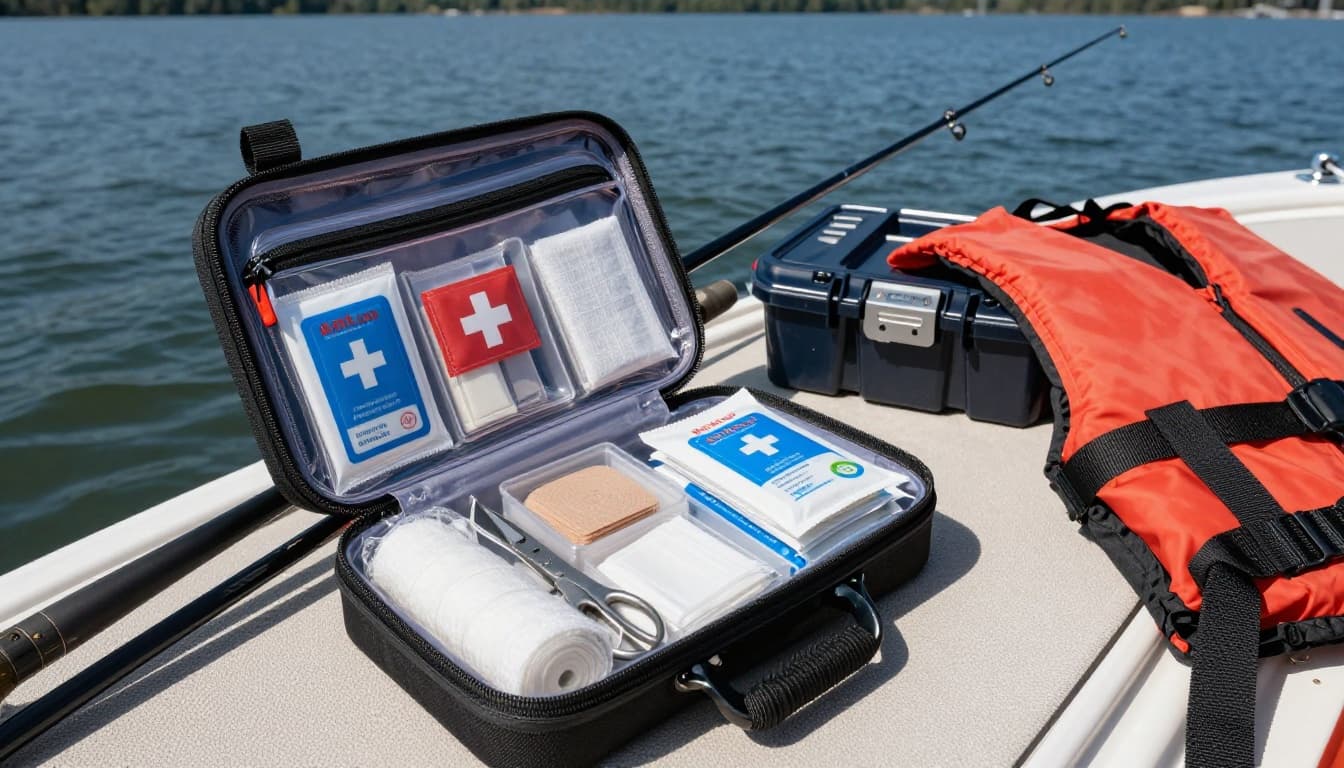 Compact waterproof first aid kit open on a boat deck, showing organized contents like bandages, antiseptic wipes, gauze, and shears in a clear plastic pouch. Fishing rods, tackle box, and life jacket nearby on a sunny lake day.