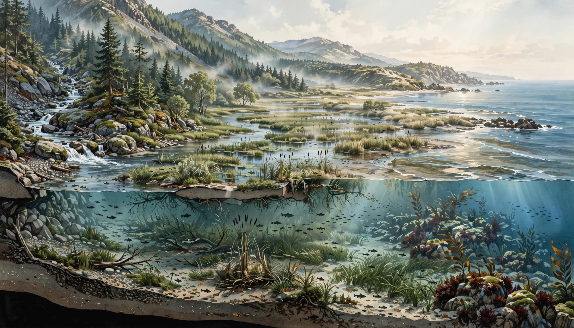 An illustrated cross-section of a watershed showing a mountain stream flowing to the ocean with underwater fish.